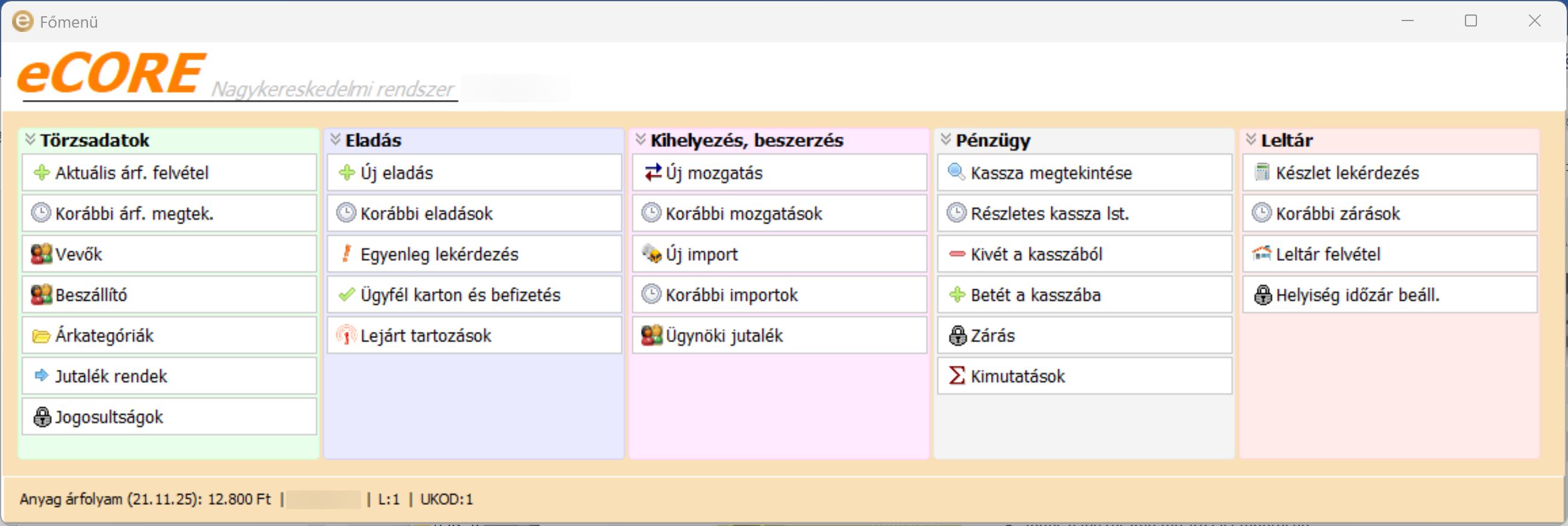 eCore nagykereskedelmi ékszernyilvántartás főmenü